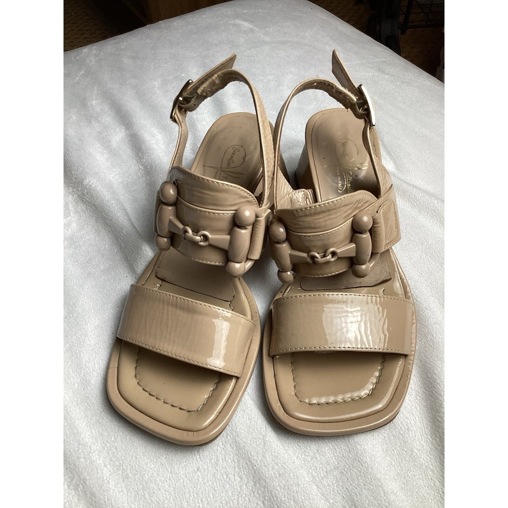 Jennifer Tattanelli Wafer Beige Patent Leather Sling back Sandals Block Heel